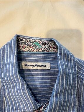 Tommy Bahama Blue and White Striped Linen Button-Up